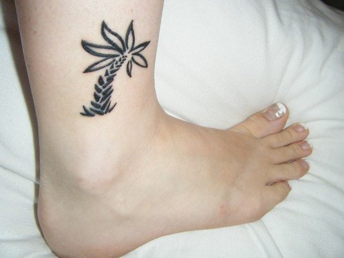 Outline Black Palm Tree Tattoo On Right Leg